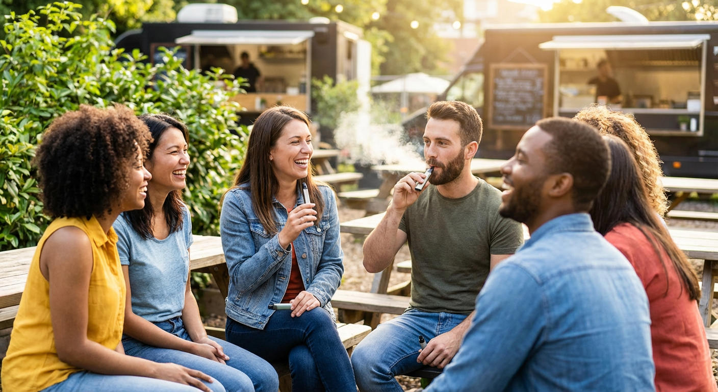 Adults using disposable and refillable vapes outdoors