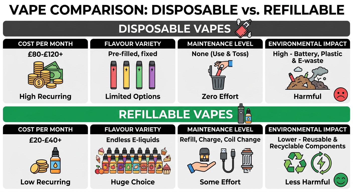 Infographic comparing disposable vs refillable vapes on cost, flavour, maintenance, and environment