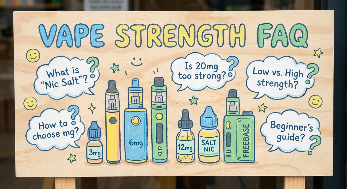 FAQ board with vape devices and common vape strength questions