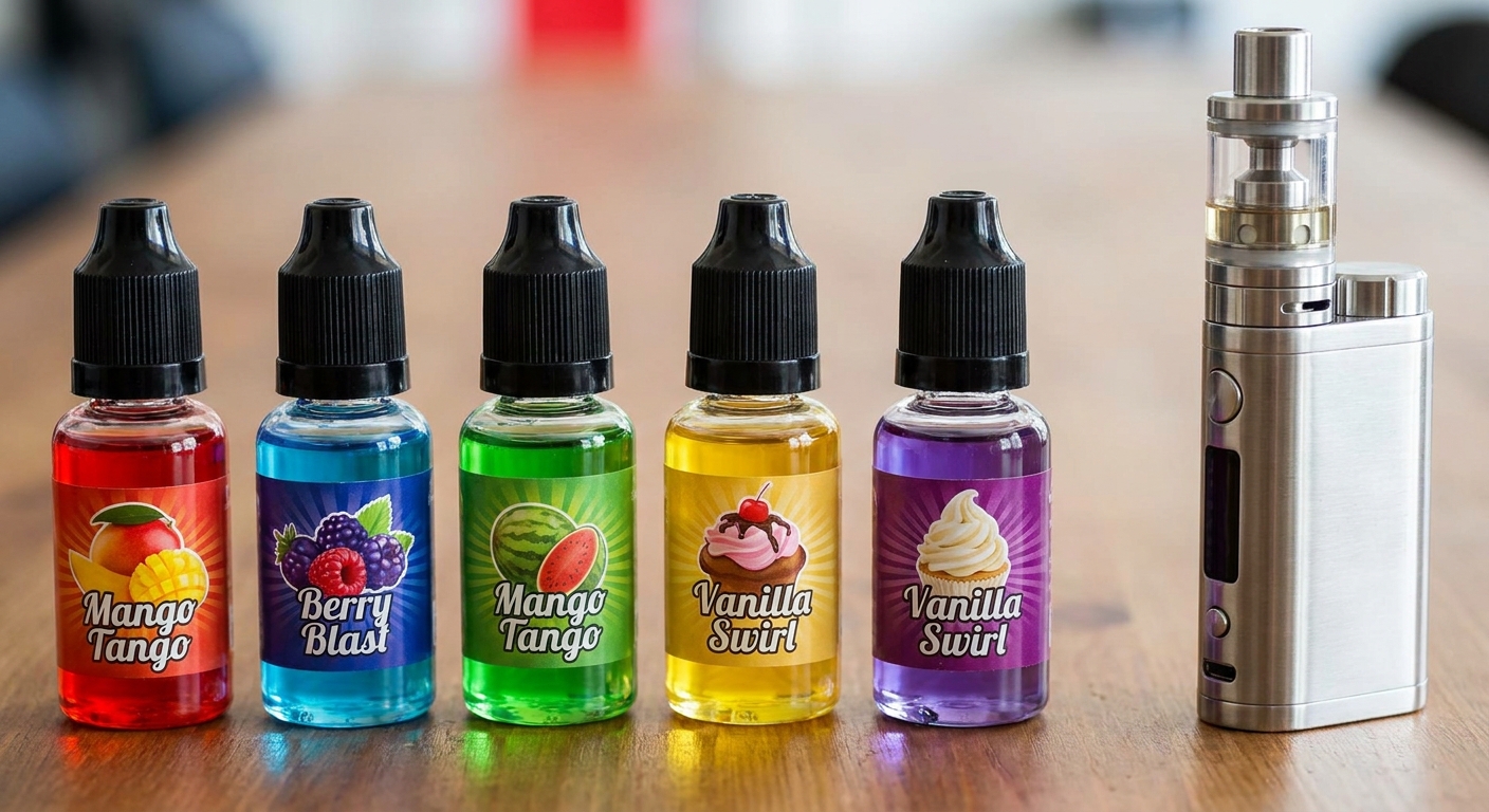 Colourful e-liquid bottles next to refillable vape showing flavour options