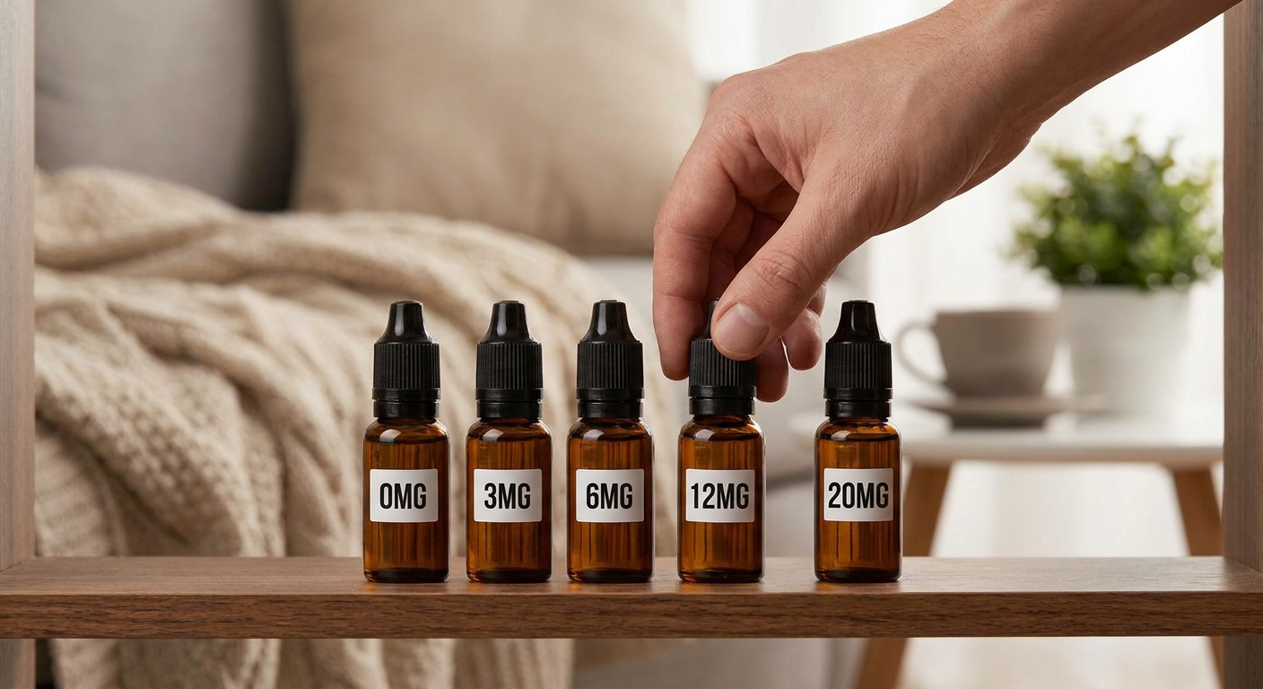 E-liquid bottles of various nicotine strengths being selected in a relaxed home