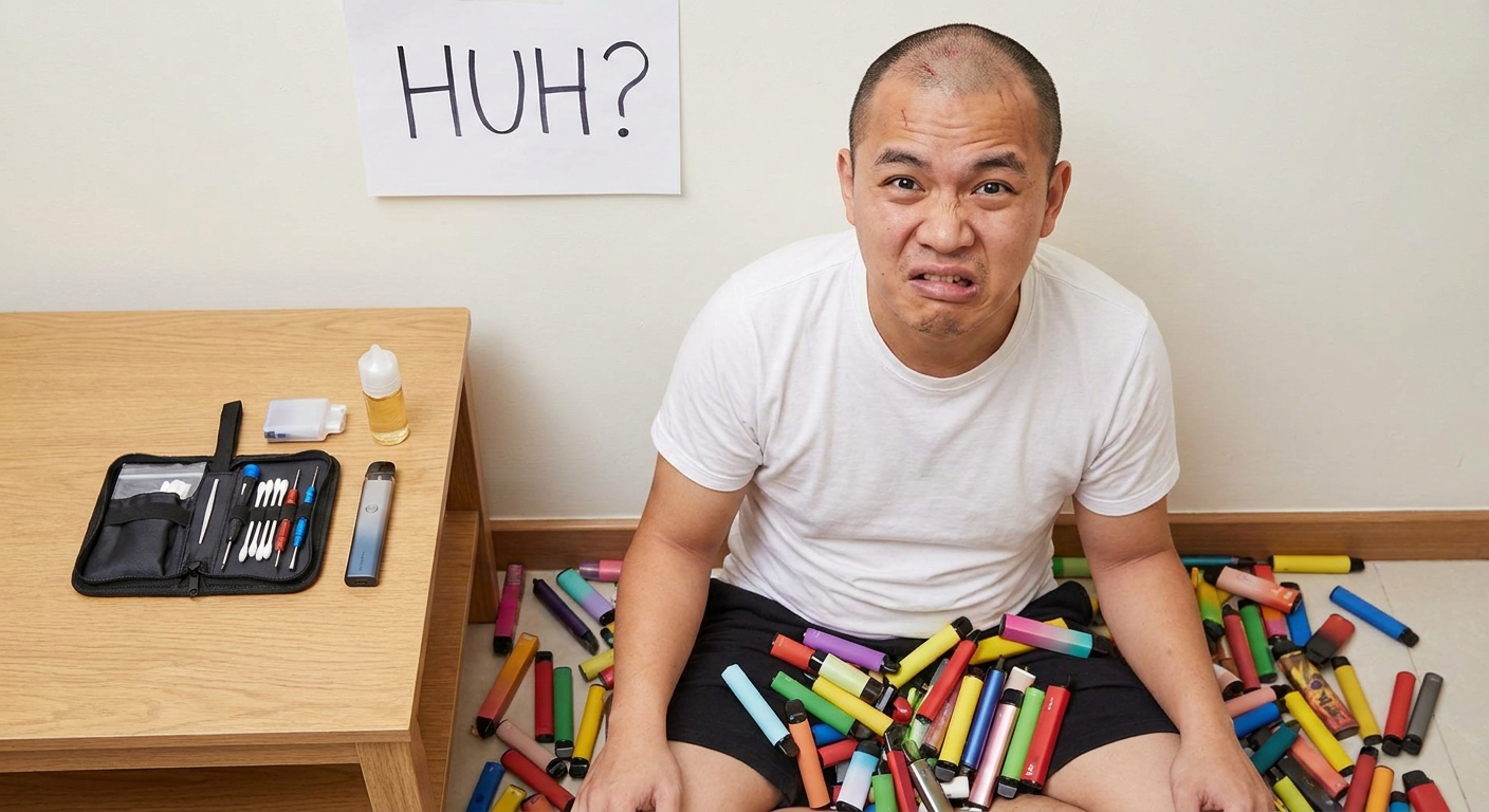 Person puzzled by disposable vapes, refillable vape and tools nearby