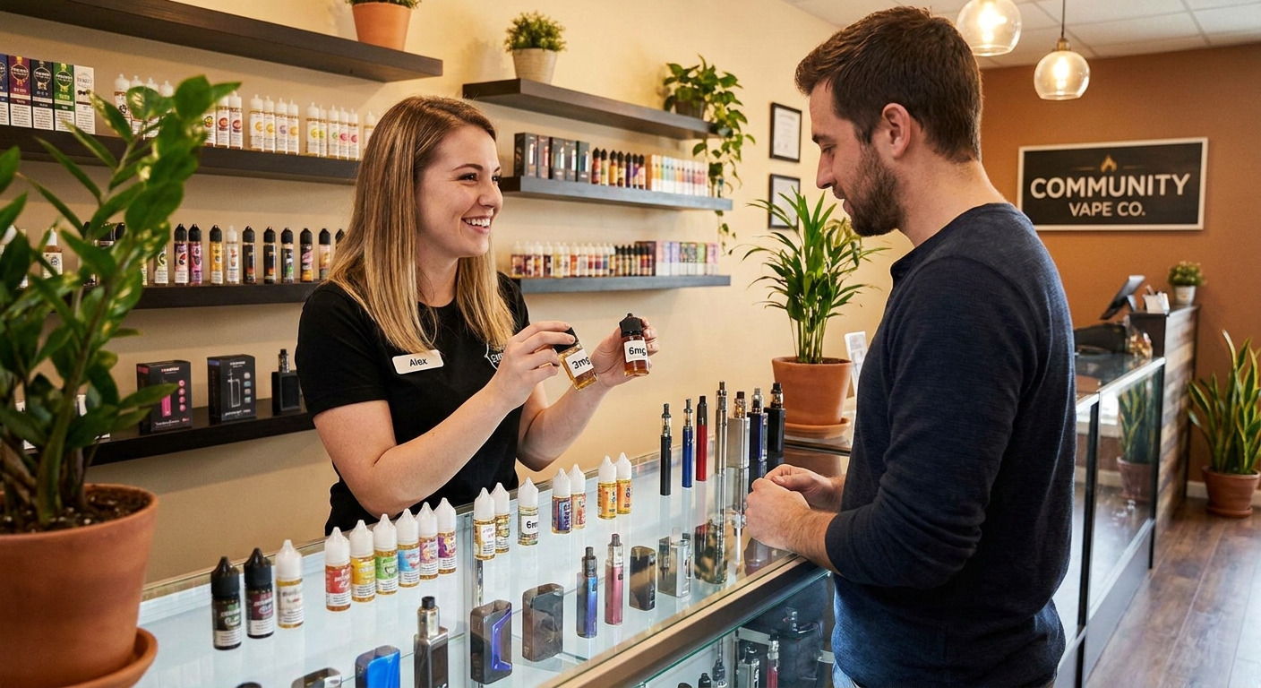 Vape shop assistant helping customer select e-liquid strength