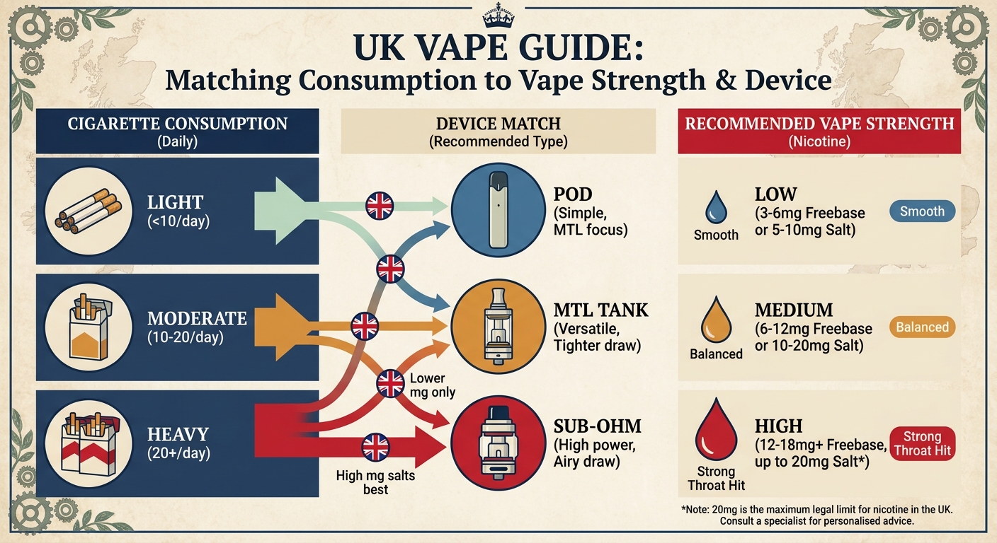 Infographic chart matching cigarette use to vape strengths and device types