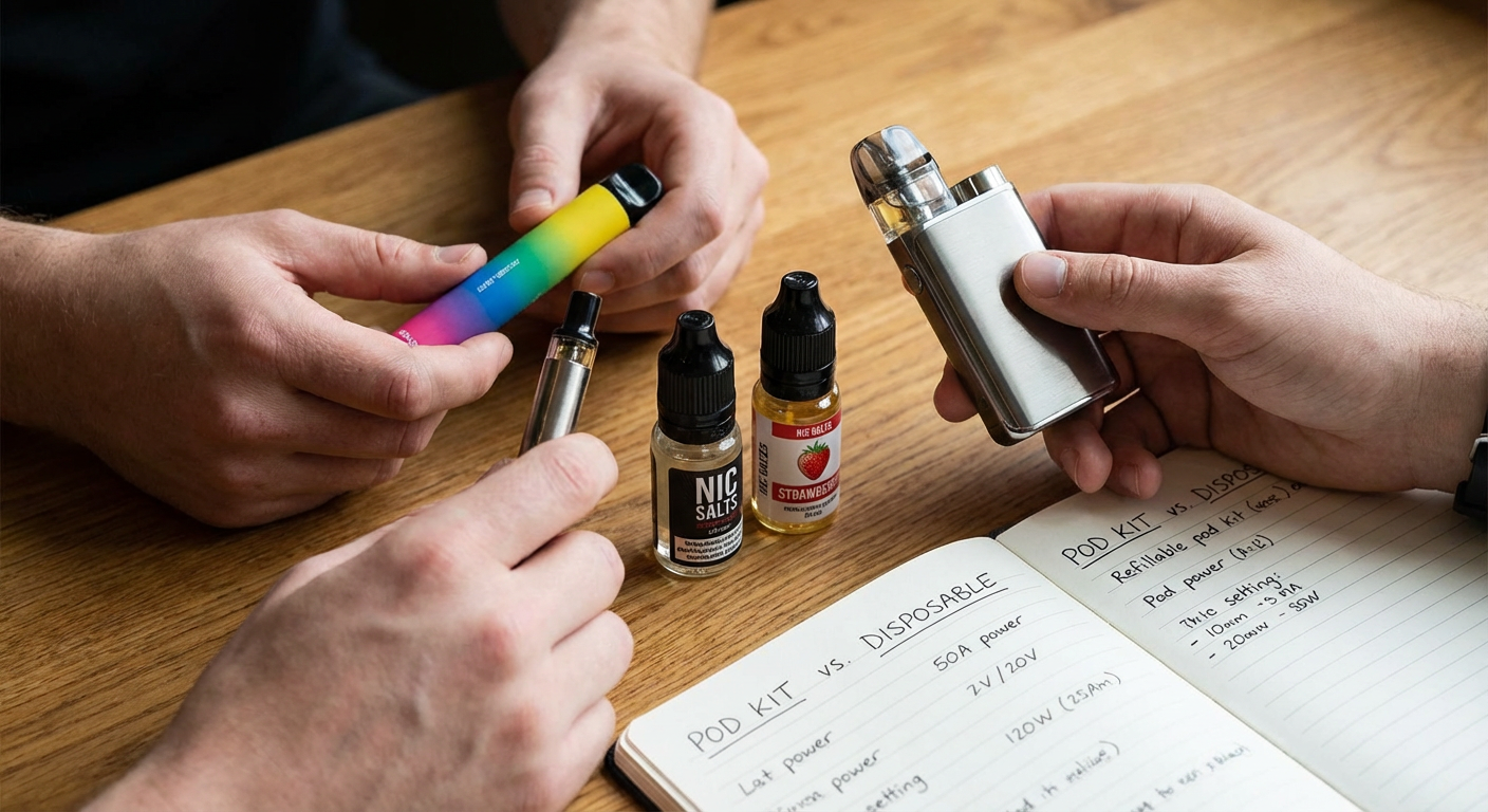 Hands comparing disposable and refillable vape devices with e-liquids